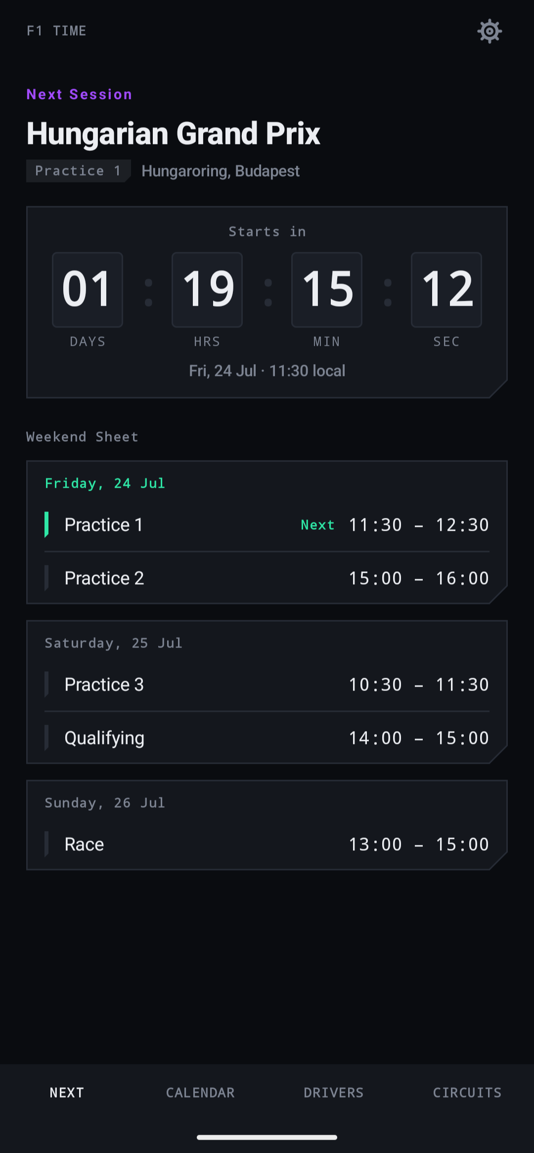Captura de pantalla de la app F1Time mostrando la cuenta atrás a la próxima sesión